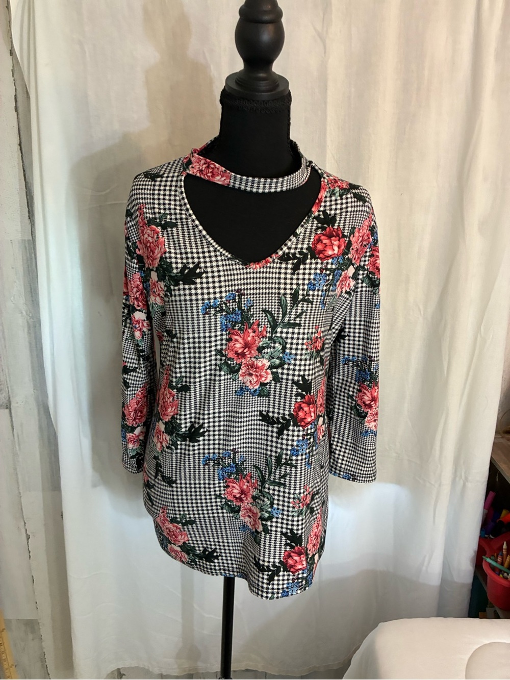 Wishful Park Black & White Gingham Floral Choker Neck Tunic